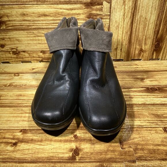 EASY SPIRIT Cleverly Women's BlackLeather Brown Cuff Back Zip Ankle Boot 8,5 - Picture 2 of 5